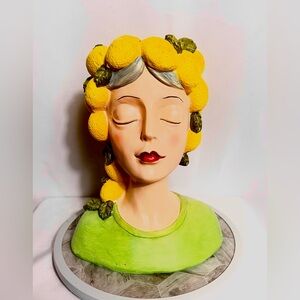 Lemon Lady Head Planter Vase Bust Yellow Fruit Hair Art Pot Decor
